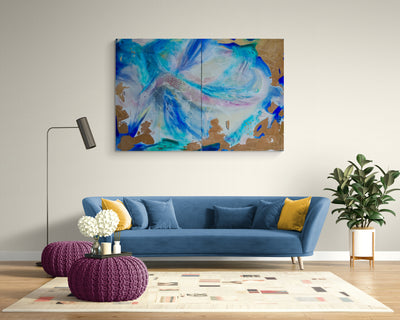 An eye-catching and vivid display of a mystical dragon with gold, blues, pinks and purples dancing on the canvas by Melanie Kilsby, a Vancouver abstract artist. The work has a modern, yet contemporary feel. It's magical, seducing, and brilliant in nature.