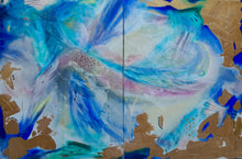 Load image into Gallery viewer, An eye-catching and vivid display of a mystical dragon with gold, blues, pinks and purples dancing on the canvas by Melanie Kilsby, a Vancouver abstract artist. The work has a modern, yet impressionistic feel. It&#39;s magical, seducing, and brilliant in nature.
