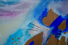 Load image into Gallery viewer, A close up view of An eye-catching and vivid display of a mystical dragon with gold, blues, pinks and purples dancing on the canvas by Melanie Kilsby, a Vancouver abstract artist. The work has a modern, yet impressionistic feel. It&#39;s magical, seducing, and brilliant in nature.

